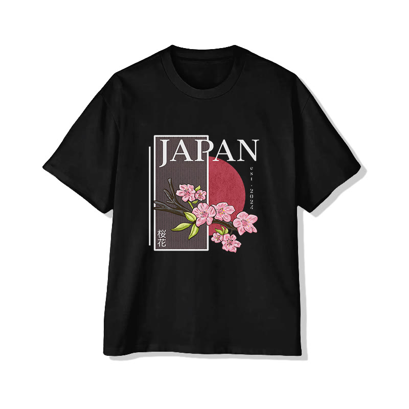 UnisexJapanese Cherry Blossoms Print  Short Sleeve Crew Neck T-Shirt - Black - 2XL - image 1