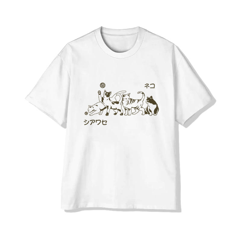 Unisex Fun Cat Pattern Short Sleeve Crew Neck T-Shirt - White - 2XL - image 2