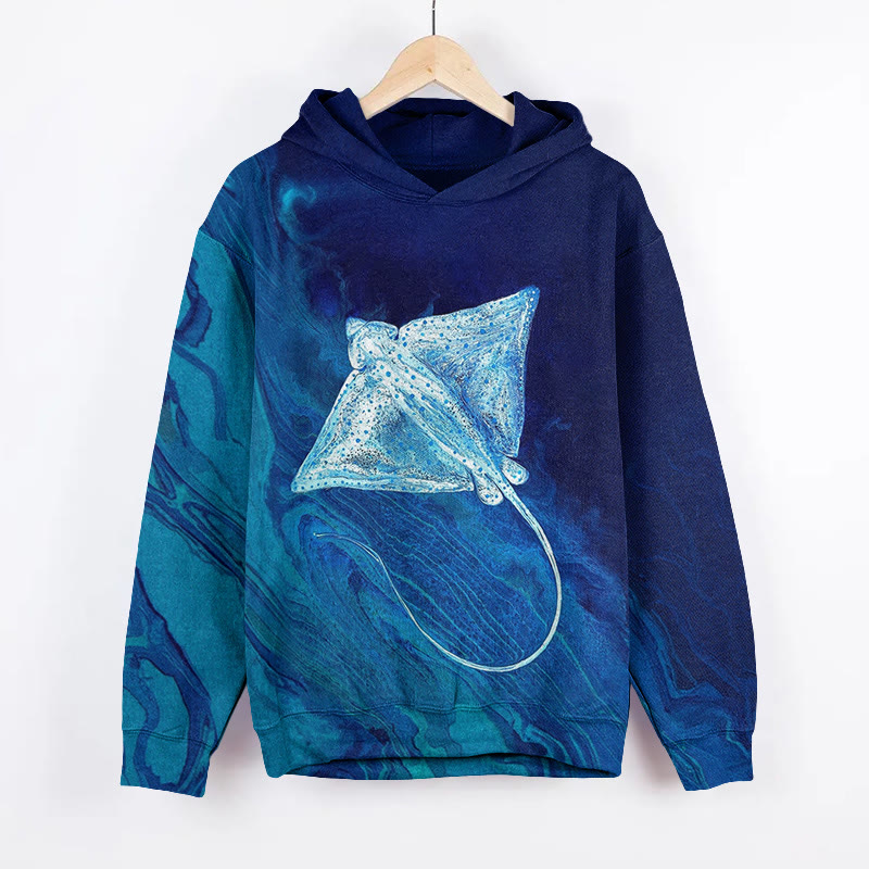 Manta Ray Art Painting Print Long Sleeve Hoodie - Blue - 8XL - image 1