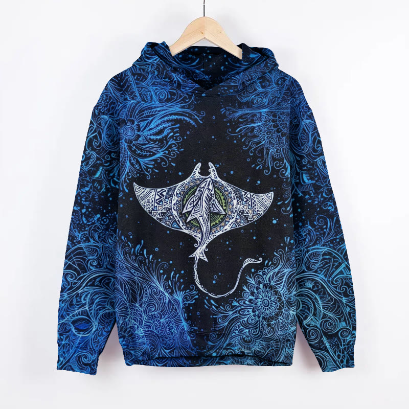 Retro Manta Ray Pattern Art Print Long Sleeve Hoodie - Black - 8XL - image 1