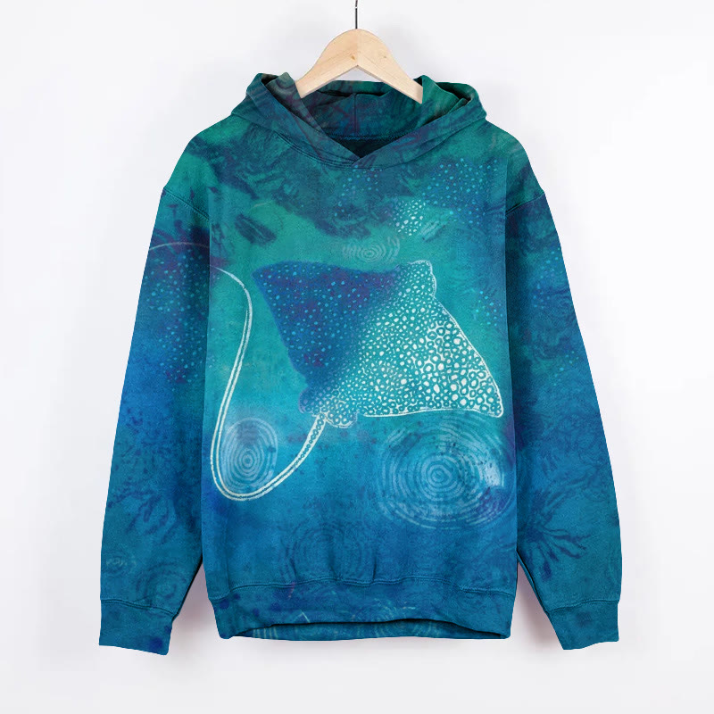Dreamy Underwater Manta Ray Art Print Long Sleeve Hoodie - Lake Blue - 8XL - image 1