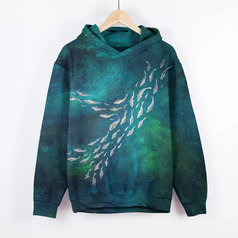 Ocean Fish School Art Painting Art Print Long Sleeve Hoodie - Green - 8XL - image 1