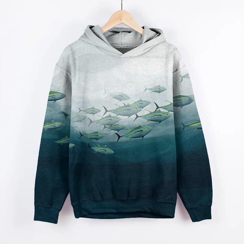 Artistic Deep-sea Fish School Painting Print Long Sleeve Hoodie - Green - 8XL - image 1