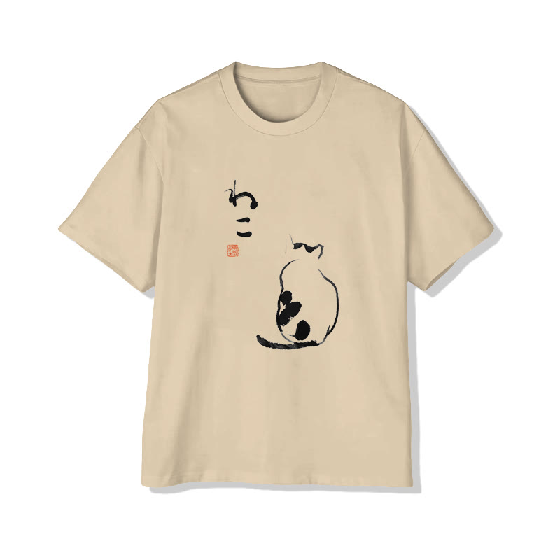 Unisex Japanese Art Cat Short Sleeve Crew Neck T-shirt - Apricot - 2XL - image 2