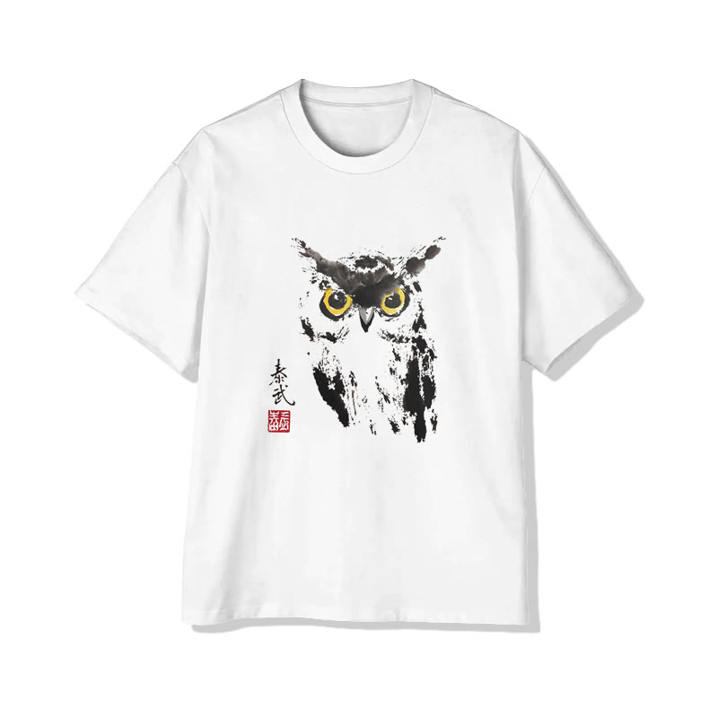 Unisex Japanese Art Owl Short Sleeve Crew Neck T-shirt - White - 2XL - image 2