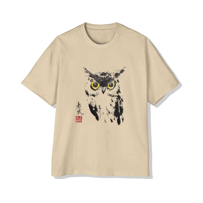 Unisex Japanese Art Owl Short Sleeve Crew Neck T-shirt - Apricot - 2XL - image 1