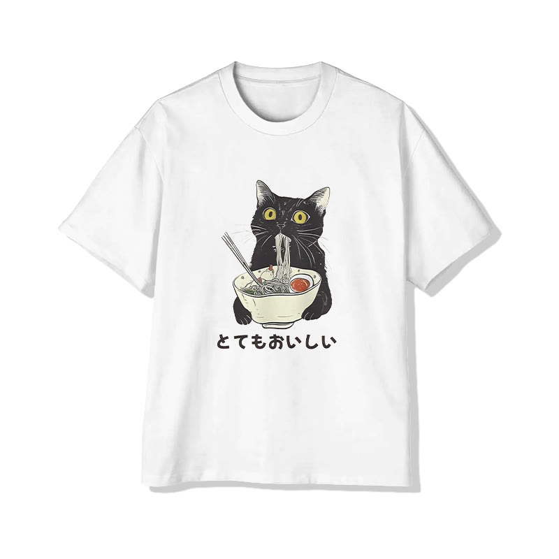 Unisex Cats Eat Ramen Noodles Short Sleeve Crew Neck T-shirt - White - 2XL - image 1