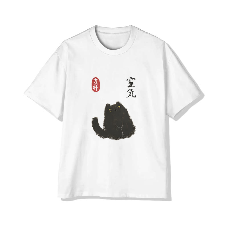 Unisex Retro Japanese Cat Short Sleeve Crew Neck T-shirt - White - 2XL - image 2