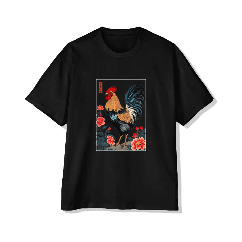Unisex Retro Rooster Print Short Sleeve Crew Neck T-shirt - Black - 2XL - image 1