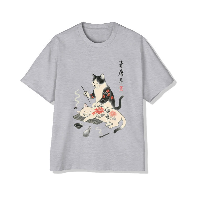 Unisex Vintage Japanese Art Print Short Sleeve Crew Neck T-shirt - Grey - 2XL - image 2