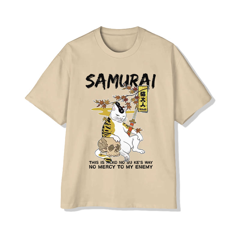 Unisex Vintage Japanese Samurai Cat Print Short Sleeve Crew Neck T-shirt - Apricot - 2XL - image 3