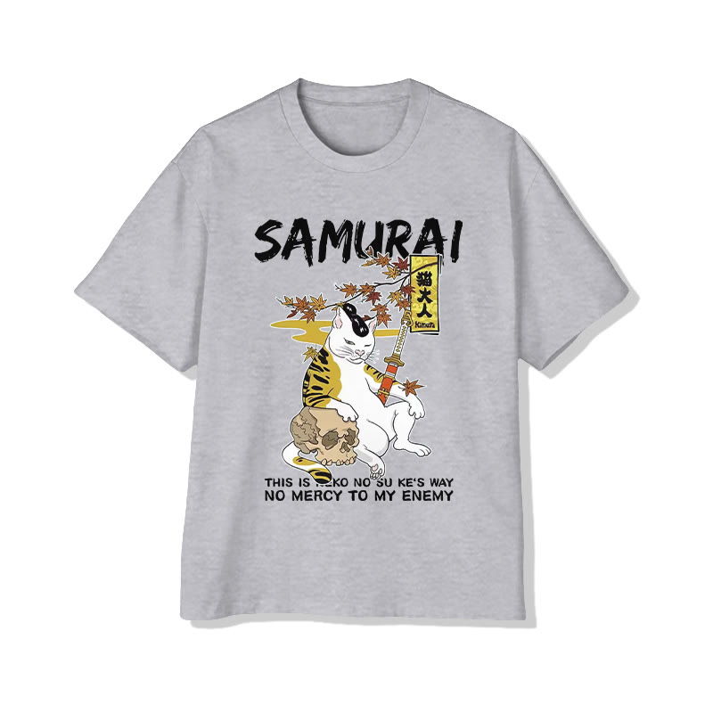Unisex Vintage Japanese Samurai Cat Print Short Sleeve Crew Neck T-shirt - Grey - 2XL - image 2