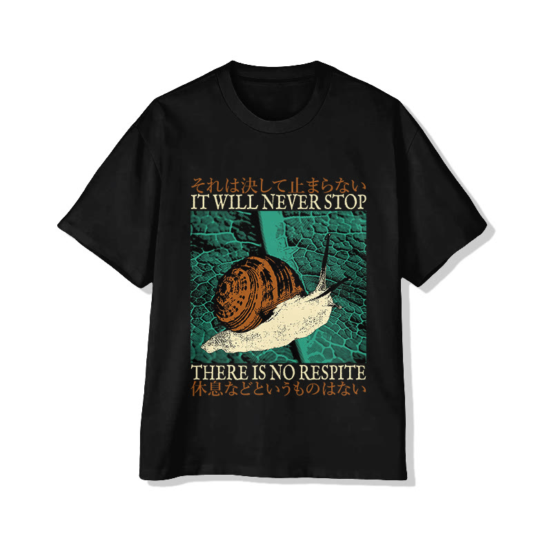Unisex Vintage Japanese Snail It Will Never Stop  Print Short Sleeve Crew Neck T-Shirt - Black - 2XL - image 1