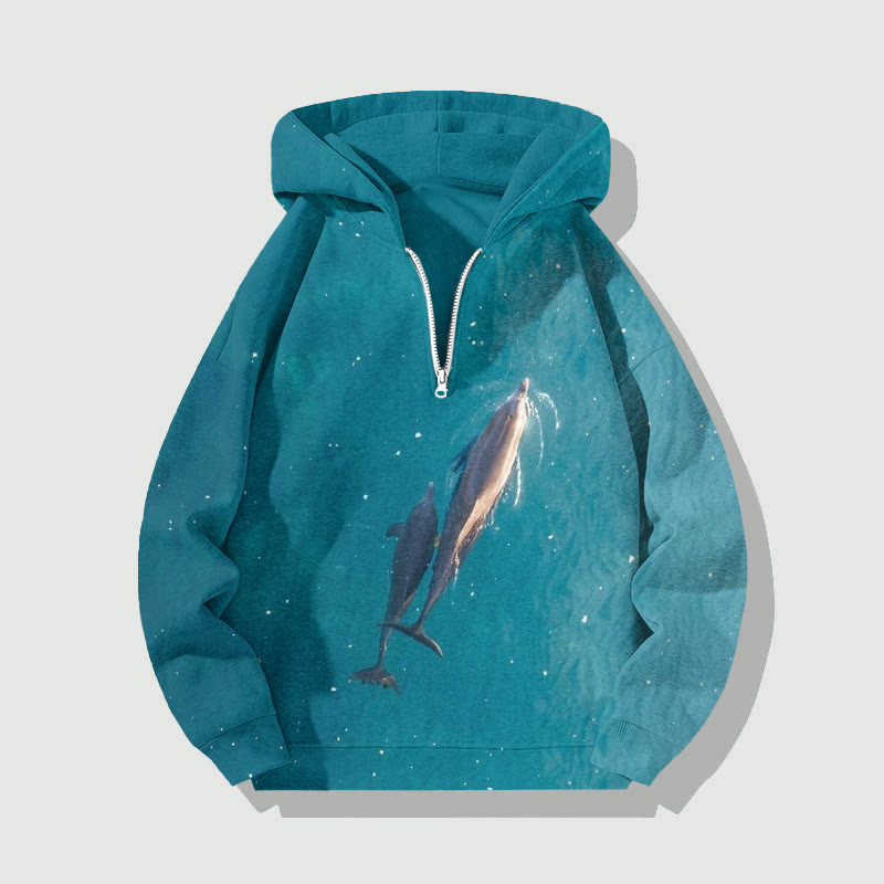 Unisex Deep Sea Whales Art Print Half Zip Hoodie - Dark Green - US32-34(5XL) - image 1