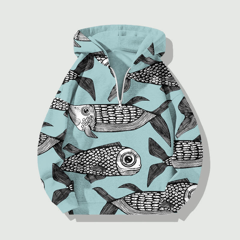 Unisex Japanese Style Retro School Of Fish Art Print Half Zip Hoodie - Lake Blue - US32-34(5XL) - image 2