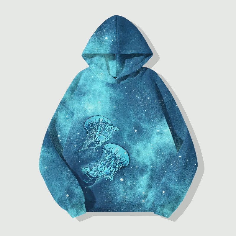Fantasy Ombre Starry Sky Jellyfish Art Print Long Sleeve Hoodie - Blue - US44-46(8XL) - image 1