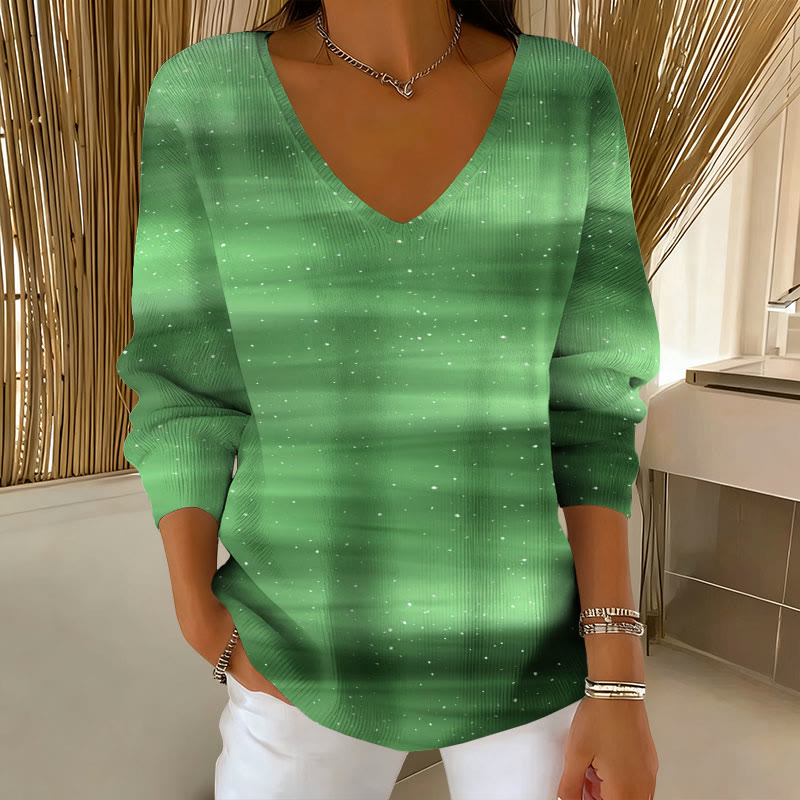 Starry Sky Gradient Horizontal Stripes Print V-neck long sleeved sweater - Green - 5XL - image 1