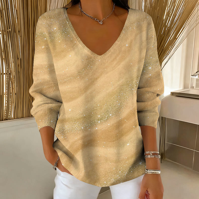 Sparkling Starry Sky Gradient Print V-neck long sleeved sweater - Khaki - 5XL - image 2