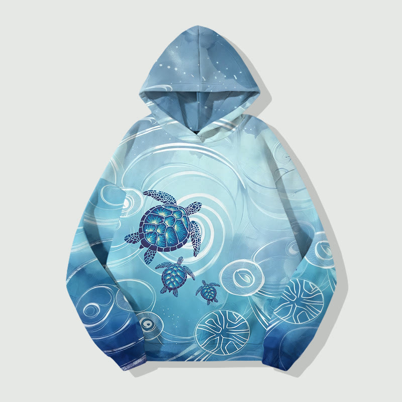 Geometric Lovely Sea Turtle Family Art Print Long Sleeve Hoodie - Blue - US44-46(8XL) - image 1