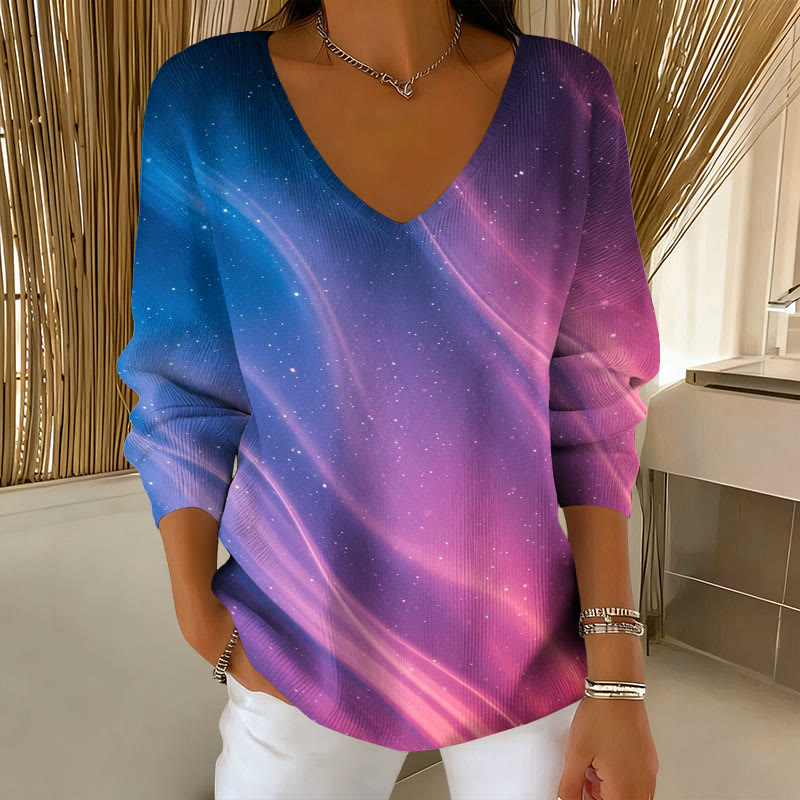 Colorful Starry Sky Gradient Print V-neck long sleeved sweater - Blue - 5XL - image 1