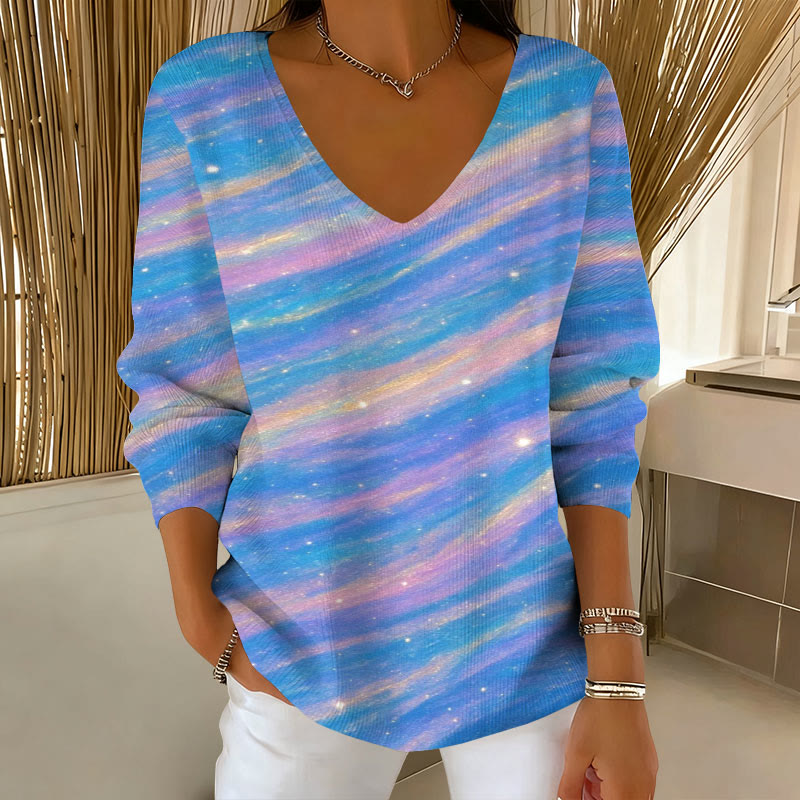 Colorful Starry Sky Diagonal Stripe Print V-neck long sleeved sweater - Blue - 5XL - image 1