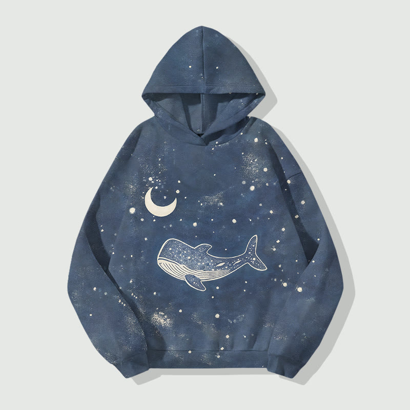 Lovely Cartoon Whale Under Starry Sky Art Print Long Sleeve Hoodie - Blue - US44-46(8XL) - image 1