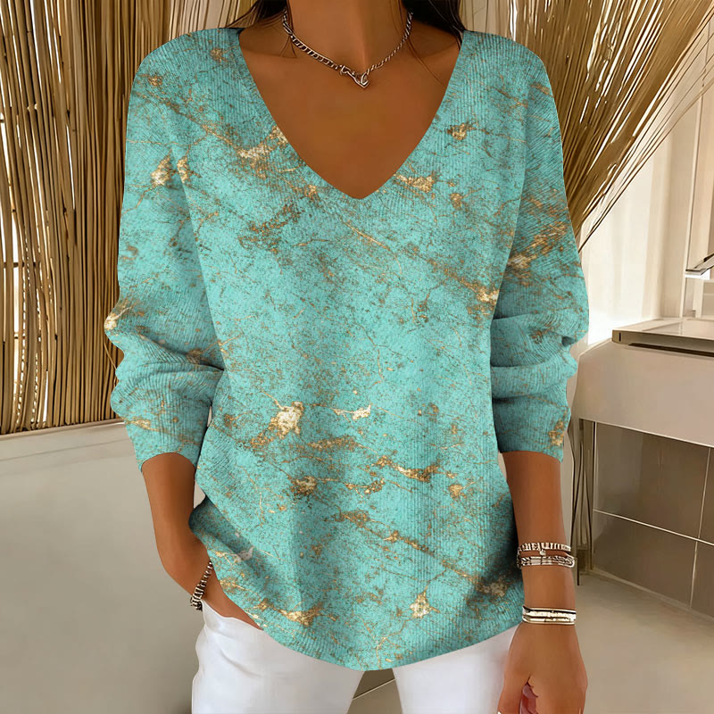 Gold Foil Printed V-Neck Long Sleeved Sweater - Green - 5XL - image 1