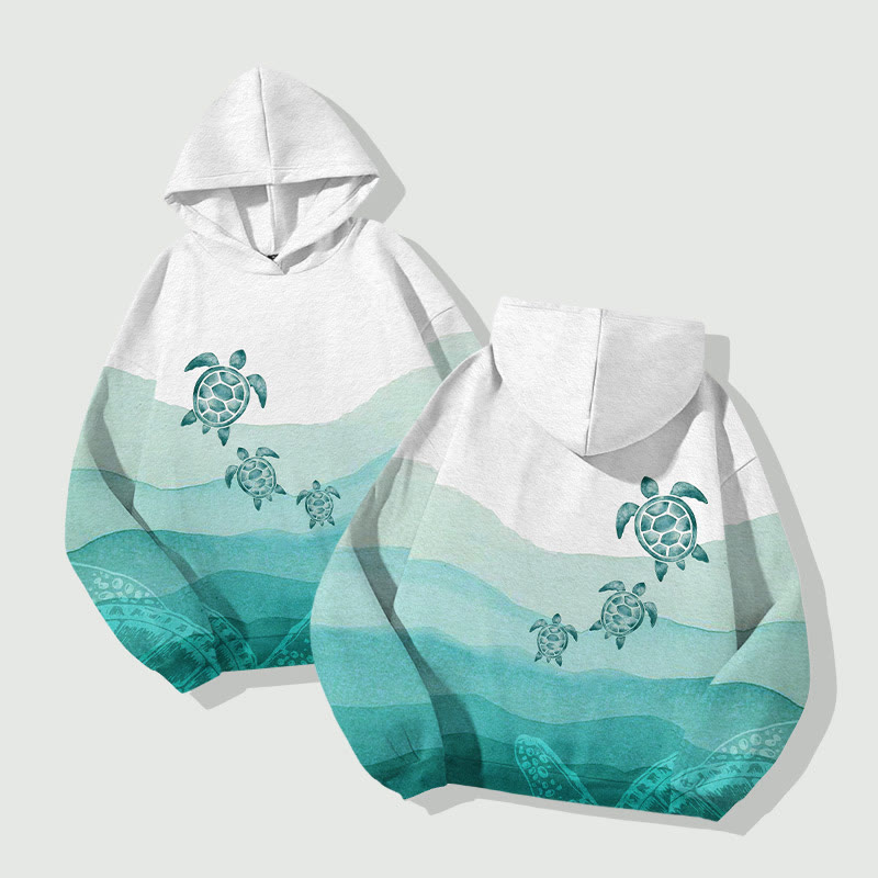 Ombre Watercolor Sea Turtle Art Print Long Sleeve Hoodie - image 2