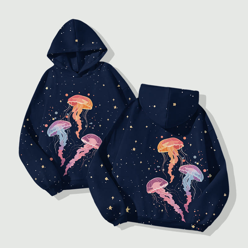 Colored Jellyfish Dancing In Starry Universe Art Print Long Sleeve Hoodie - image 2