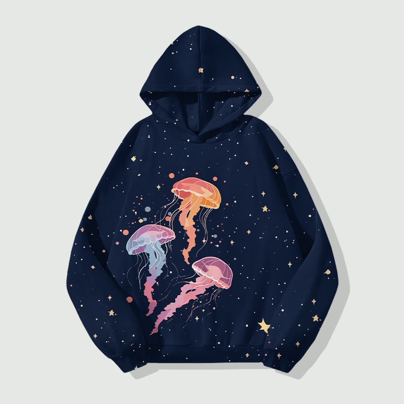 Colored Jellyfish Dancing In Starry Universe Art Print Long Sleeve Hoodie - Dark Blue - US44-46(8XL) - image 1