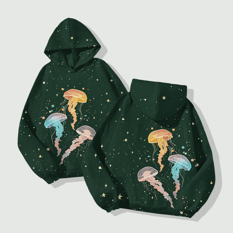 Colored Jellyfish Dancing In Starry Universe Art Print Long Sleeve Hoodie - image 4