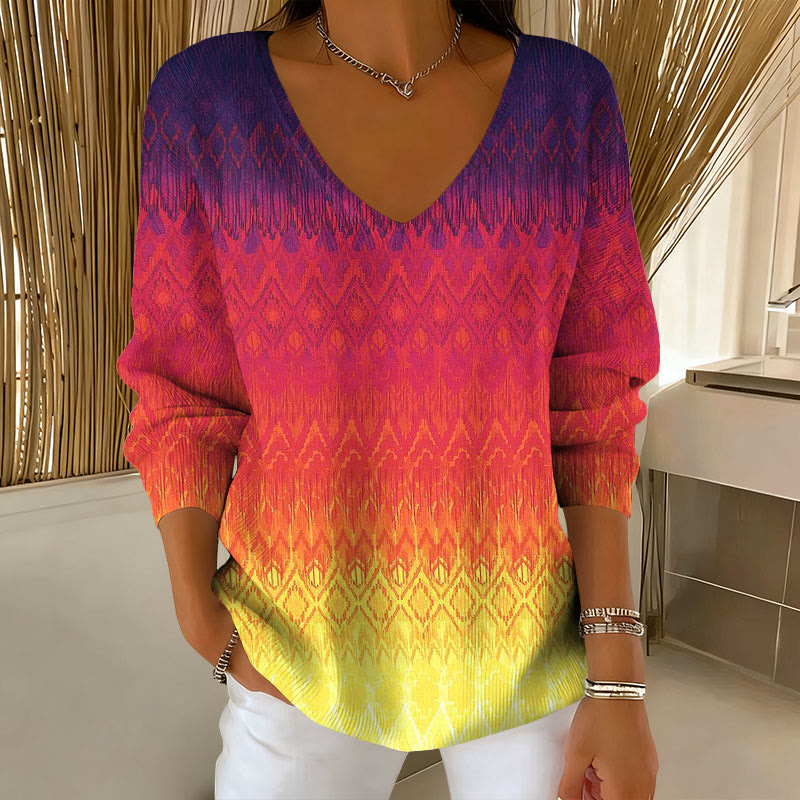 Diamond Shaped Gradient Art Pattern V-Neck Long Sleeved Sweater - Red - 5XL - image 2