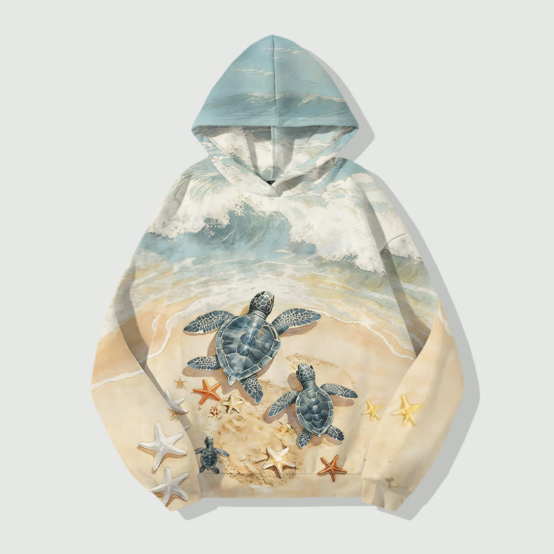 Creative Sea Turtle On The Beach Watching Ocean Wave Art Print Long Sleeve Hoodie - Yellow - US44-46(8XL) - image 1