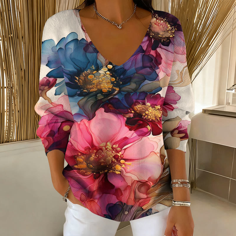 Colorful Floral Patterns V-Neck Long Sleeved Sweater - Multicolor - 5XL - image 1