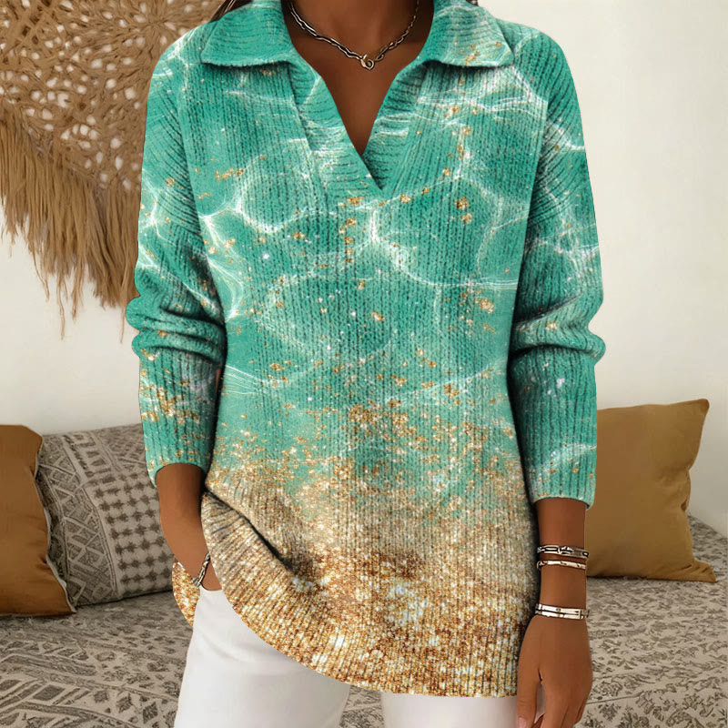 Gradient Water Ripple Gold Foil Printing Polo Collar Long Sleeved Sweater - Green - 5XL - image 1