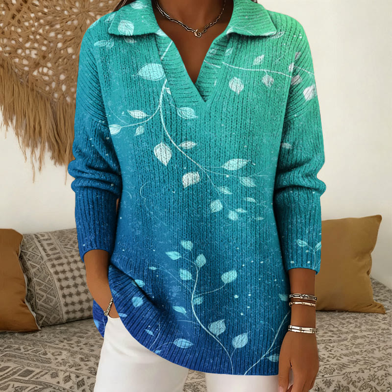 Gradient Leaf Pattern Print Polo Collar Long Sleeved Sweater - Green - 5XL - image 1