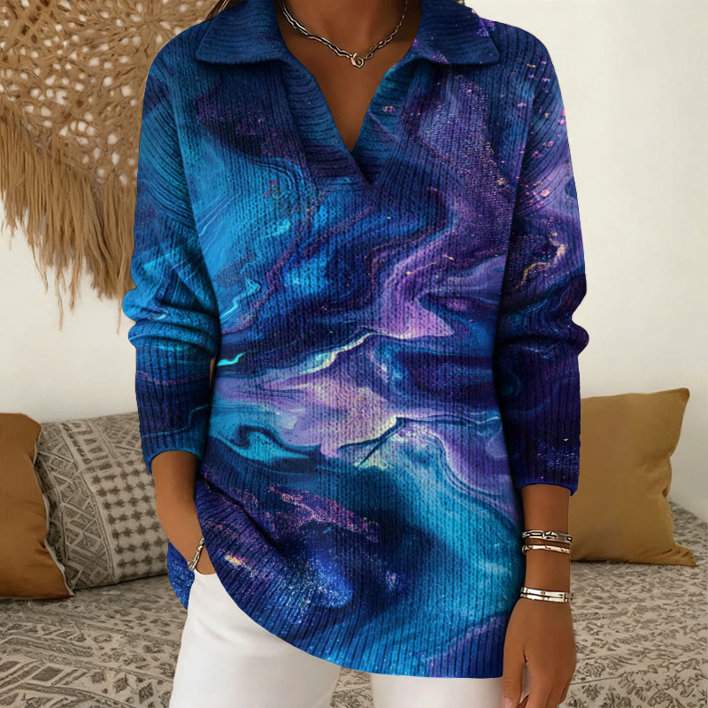 Starry Sky Tie Dye Pattern Polo Collar Long Sleeved Sweater - Dark Blue - 5XL - image 1