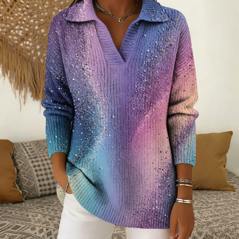 Gradient Colored Quicksand Pattern Print Polo Collar Long Sleeved Sweater - Purple - 5XL - image 1