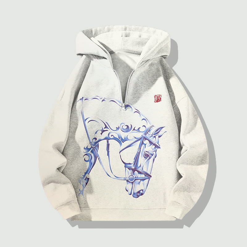 Unisex Horses Art Pattern Half Zip Hoodie - Apricot - US32-34(5XL) - image 1