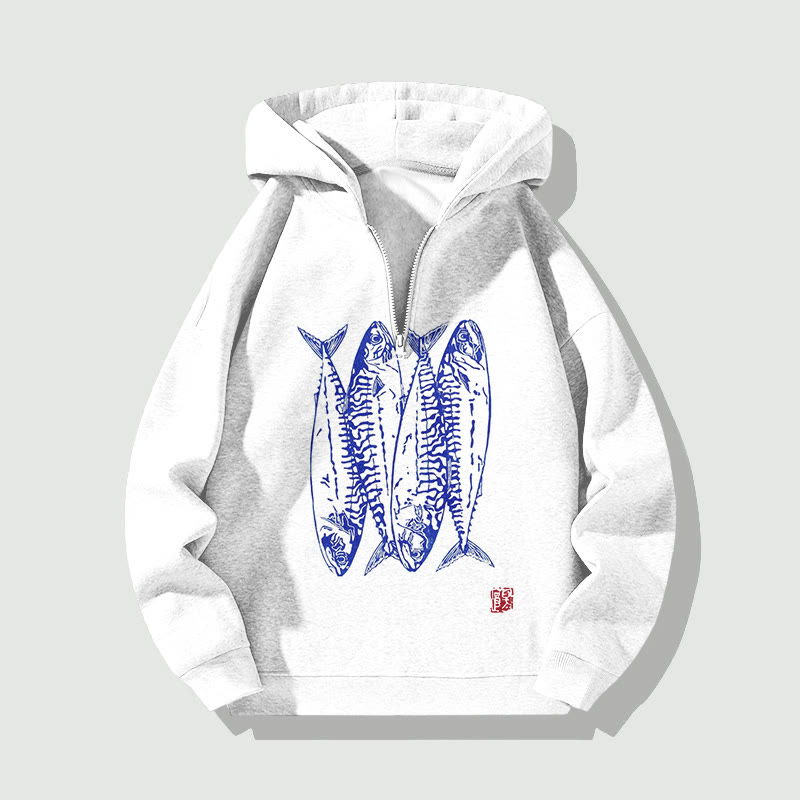 Unisex Japanese Style Vintage Fish Art Pattern Half Zip Hoodie - White - US32-34(5XL) - image 1