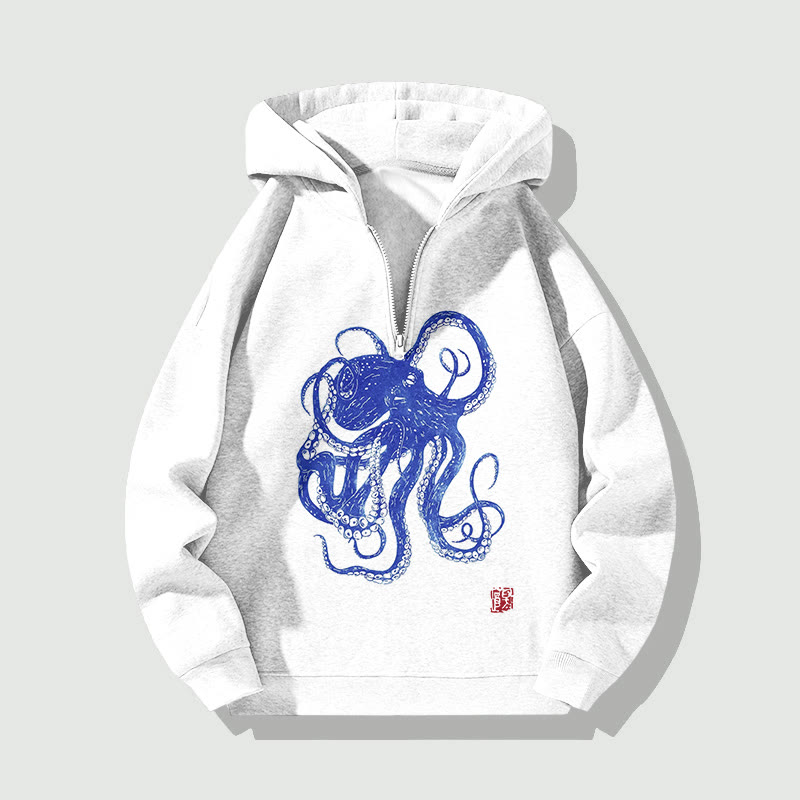 Unisex Japanese Style Octopus Art Pattern Half Zip Hoodie - White - US32-34(5XL) - image 1