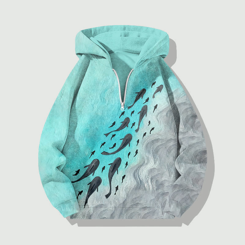 Unisex Gradient Colored Marine Fish Shape Art Pattern Half Zip Hoodie - Green - US32-34(5XL) - image 1
