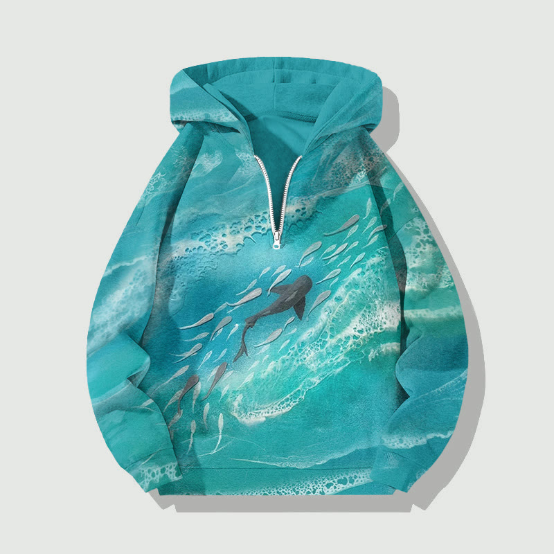 Unisex Gradient Ocean Waves And Fish School Art Pattern Half Zip Hoodie - Green - US32-34(5XL) - image 1