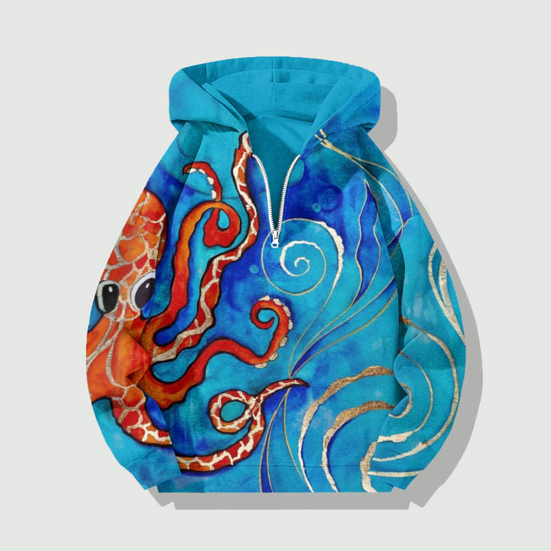 Unisex Marine Octopus And Gold Leaf Thread Art Pattern Half Zip Hoodie - Blue - US32-34(5XL) - image 1