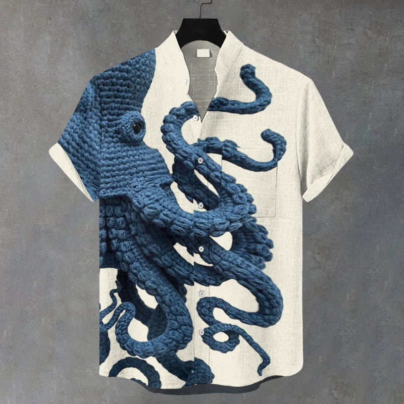 Japanese Art Octopus Chunky Knit Print Casual Shirt - Beige - 5XL - image 1