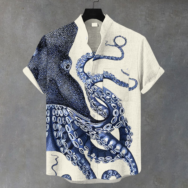 Japanese Art Octopus Graphic Print Casual Shirt - Beige - 5XL - image 1