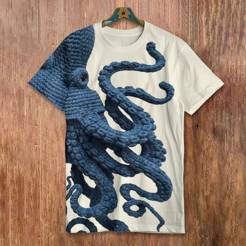 Japanese Art Octopus Chunky Knit Print Short-sleeved Men's Casual T-shirt - Beige - 8XL - image 1