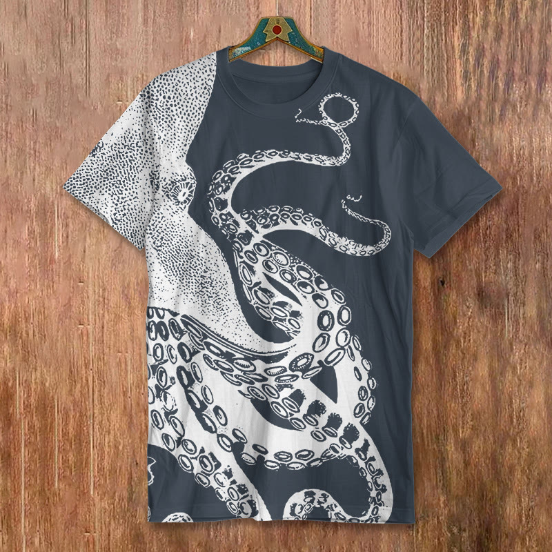 Japanese Art Octopus Graphic Print Short-sleeved Men's Casual T-shirt - Navy Blue - 8XL - image 2
