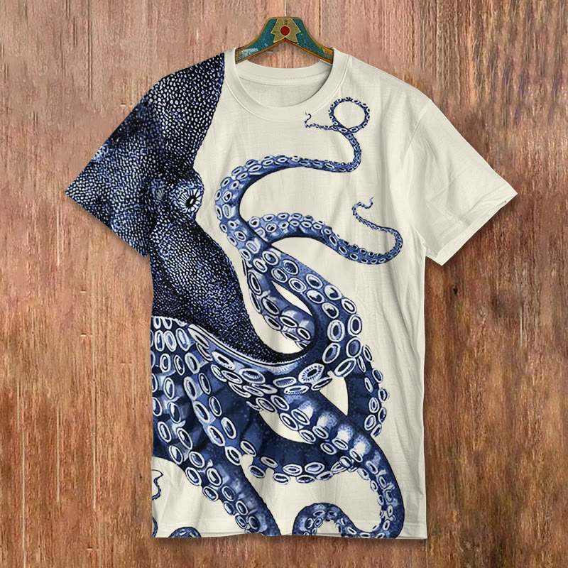 Japanese Art Octopus Graphic Print Short-sleeved Men's Casual T-shirt - Beige - 8XL - image 1