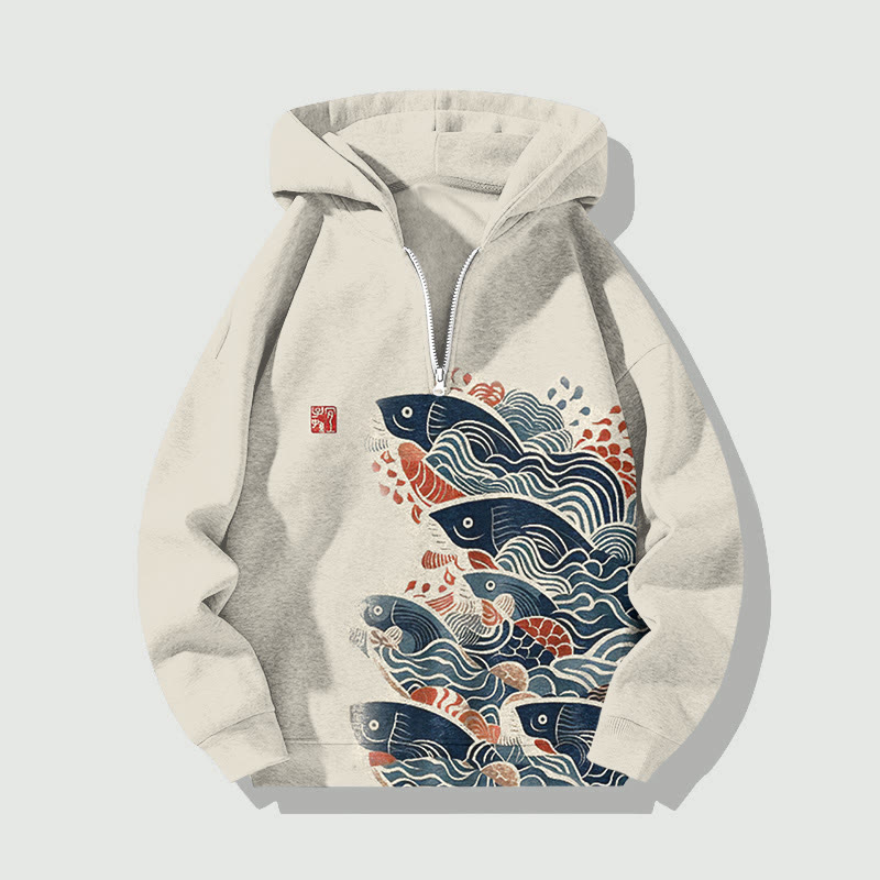 Japanese Art Carp Print Half Zip Hoodie - Beige - US32-34(5XL) - image 1